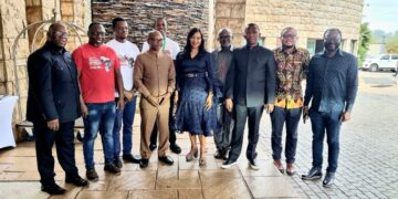 Ras Mubarak with Senate President Lindiwe Dlamini, Speaker Jabulani Mabuza, Mr. Kobla Quashie, Honorary Consul of the Ghana Consulate in Eswatini, and members of the Trans African Tourism and Unity Campaign team after a meeting at Parliament. Photo by Adekunle Owolabi