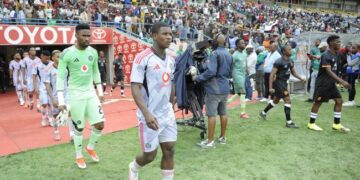 Orlando Pirates players walk onto the pitch ahead of their CAF Champions League clash in Lubumbashi. Photo by CharlŽ Lombard/Gallo Images.