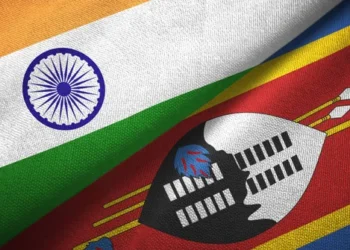 Flags of Eswatini and India side by side, symbolizing diplomatic ties and cooperation between the two nations.