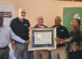 RESCorp Managing Director Nick Jackson posing with Bunsucro Head of Region Middle East and Africa Mike Ogg and senior RESCorp managers during the certification handover. Pic: Xolani Mngomezulu