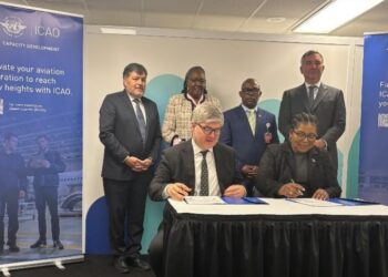 Principal Secretary Ts’epang Koele and ICAO Secretary General Juan Carlos Salazar sign the Management Services Agreement in Montreal.Photo by MoFAIR Lesotho