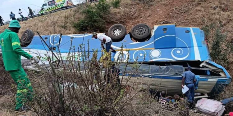 The overturned bus that claimed 42 lives along the N1 near Musina on Sunday evening. Picture: The Department of Transport and Community Safety.