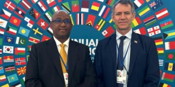 Minister of Finance Neal Rijkenberg and Central Bank Governor Dr. Phil Mnisi at the African Caucus meeting with the IMF Managing Director during the IMF Annual Meetings.