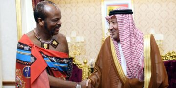 His Majesty King Mswati III with Saudi Arabia’s Vice Minister of Foreign Affairs Eng. Waleed bin Abdulkarim El Kheraji during a courtesy visit at Lozitha Royal Palace.