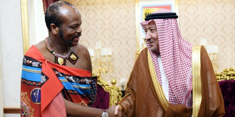 His Majesty King Mswati III with Saudi Arabia’s Vice Minister of Foreign Affairs Eng. Waleed bin Abdulkarim El Kheraji during a courtesy visit at Lozitha Royal Palace.
