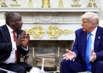 South African President Cyril Ramaphosa meets with US President Donald Trump in the Oval Office of the White House in May. Kevin Lamarque/Reuters