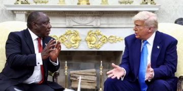 South African President Cyril Ramaphosa meets with US President Donald Trump in the Oval Office of the White House in May. Kevin Lamarque/Reuters