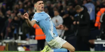 Phil Foden celebrates after scoring the stoppage-time winner for Manchester City against Leeds United at the Etihad Stadium.