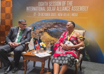 His Royal Highness Prince Lonkhokhela meets ISA Director General Ashish Khanna during the 8th International Solar Alliance session in New Delhi to discuss solar energy collaboration for Eswatini. Photo courtesy Ministry of Natural Resources and Energy