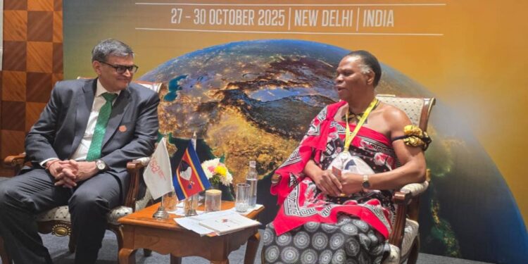 His Royal Highness Prince Lonkhokhela meets ISA Director General Ashish Khanna during the 8th International Solar Alliance session in New Delhi to discuss solar energy collaboration for Eswatini. Photo courtesy Ministry of Natural Resources and Energy