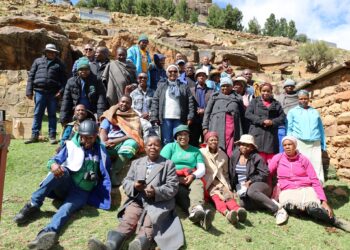 Community members from Tsatsane and Tosing celebrate their progress under the GEF Small Grants Programme during a visit by UNDP officials. Photo: UNDP Lesotho