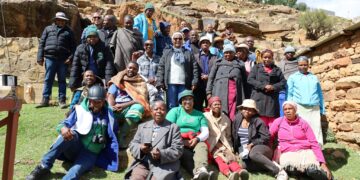 Community members from Tsatsane and Tosing celebrate their progress under the GEF Small Grants Programme during a visit by UNDP officials. Photo: UNDP Lesotho
