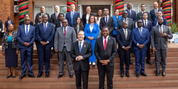 Zambian President Hakainde Hichilema and Israeli President Isaac Herzog meet with their delegations during the two-day state visit