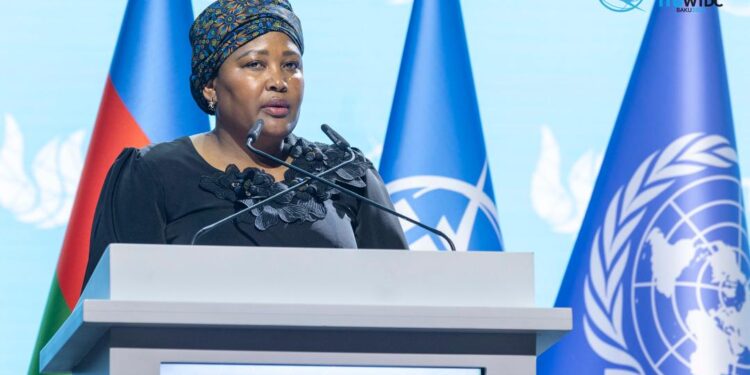 Lesotho's Minister Nthati Moorosi addresses delegates at the World Telecommunications Development Conference 2025 in Baku, Azerbaijan.