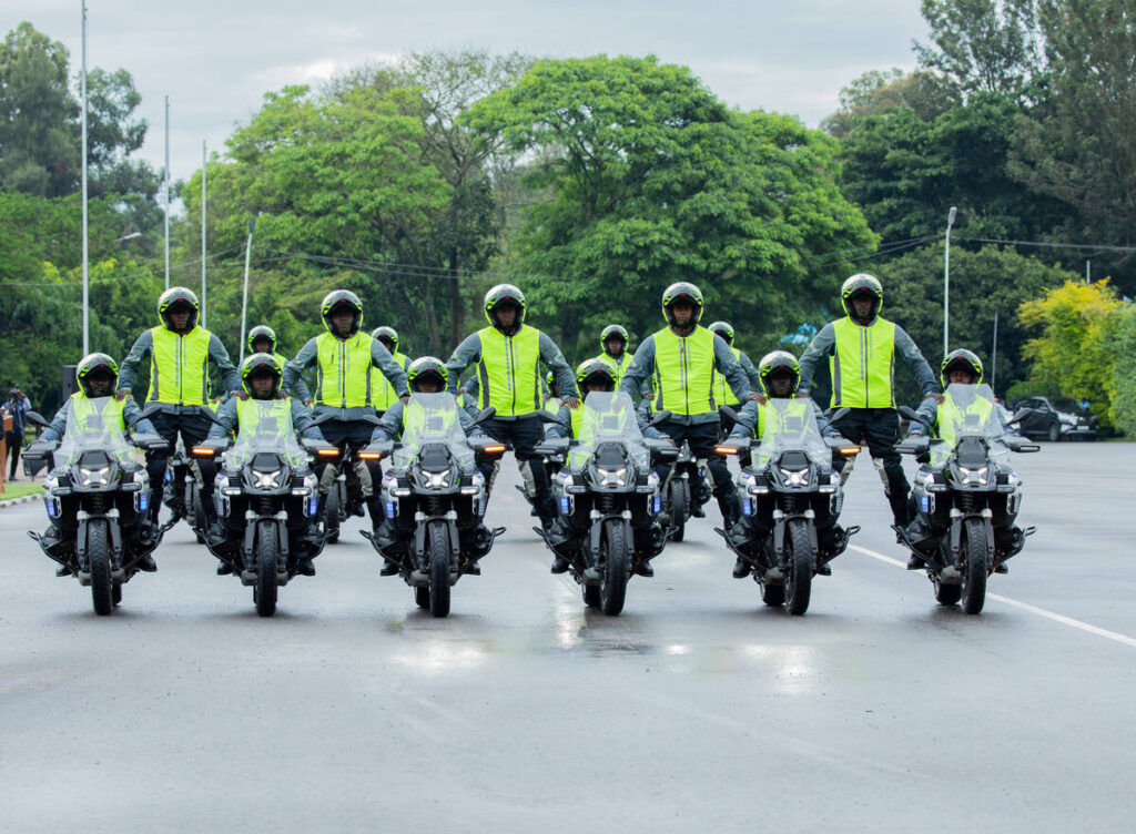 Police officers demonstrating their motorbike skills during an intensive training session in Rwanda.