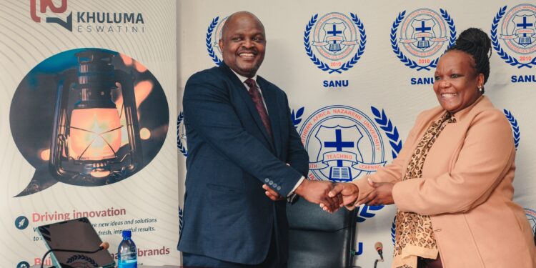 Mandla Luphondo, Director of Khuluma Eswatini, and Dr Mlotsa-Mngomezulu, Vice Chancellor of SANU, after signing the partnership agreement to enhance student employability. Photo by Khuluma Eswatini