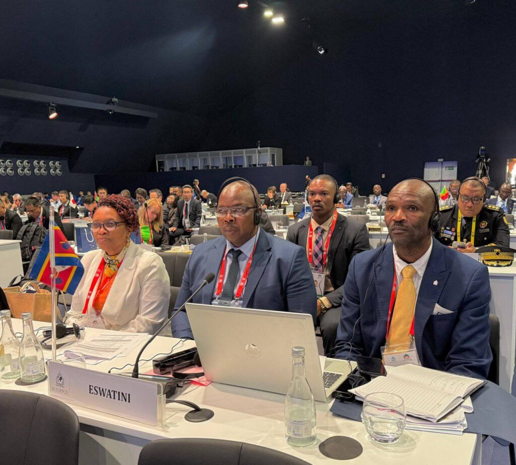 Eswatini delegation seated at the INTERPOL General Assembly: National Commissioner Masango, Deputy National Commissioner Ms Mumsy Dlamini, Inspector Bhekumuzi Ginindza, and Sergeant Tsepo Ngwenya.