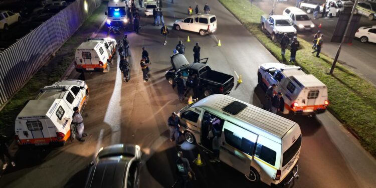 A cross-section of officers conducting a Gauteng roadblock during the Shanela II operation; photo by SAPS