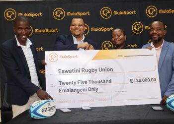 (L to R) ERU President Phumulani Gamedze, ERU President Bandile 'Samba' Vilakati, MulaSports' Communication Officer Phestile Xulu, and ESRC Business Development Officer Zama Tsabedze at the MulaSport sponsorship launch yesterday. Photo credit: Eswatini Sports and Recreation Council.