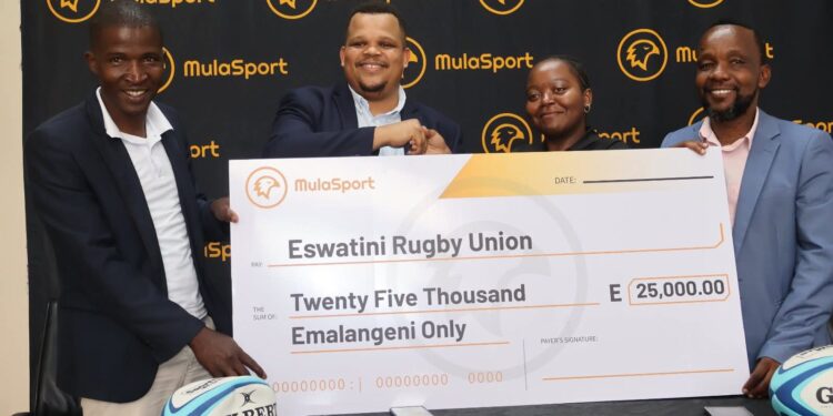 (L to R) ERU President Phumulani Gamedze, ERU President Bandile 'Samba' Vilakati, MulaSports' Communication Officer Phestile Xulu, and ESRC Business Development Officer Zama Tsabedze at the MulaSport sponsorship launch yesterday. Photo credit: Eswatini Sports and Recreation Council.
