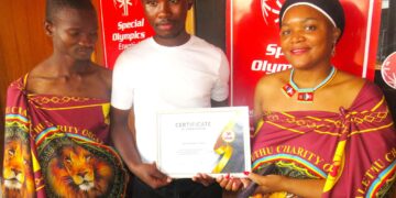 Langelethu PRO Samkelo Mhlanga, Finance Officer Special Olympics Eswatini Sibusiso Mhlanga and Langalethu Finance Officer Gcebile Kunene. Photo, Special Olympics Eswatini