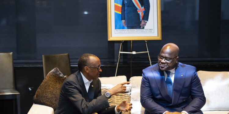 Congolese President Felix Tshisekedi and Rwandan President Paul Kagame pictured together at an undated meeting
