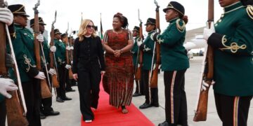 President Giorgia Meloni of Italy walks through a guard of honour upon her arrival at Fireblade Aviation for the G20 Leaders’ Summit in South Africa. Photo by X/@g20org