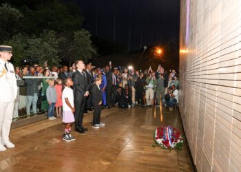 Deputy President Paul Mashatile and French President Emmanuel Macron at Freedom Park Heritage Site during the wreath-laying ceremony honoring French anti-apartheid activists.