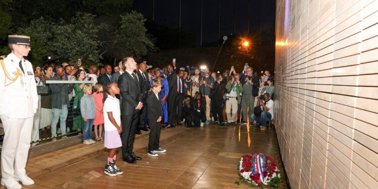 Deputy President Paul Mashatile and French President Emmanuel Macron at Freedom Park Heritage Site during the wreath-laying ceremony honoring French anti-apartheid activists.