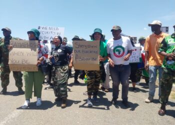 Protesters from the MK party and Operation Dudula confront police near the G20 summit precinct in Johannesburg.