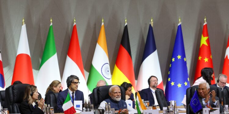 Prime Minister Narendra Modi addresses world leaders during the G20 session in Johannesburg. Photo by X/@narendramodi