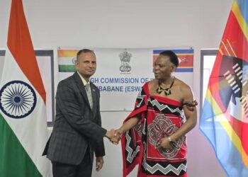 Minister of Natural Resources and Energy Prince Lonkhokhela shaking hands with High Commisioner of India to Eswatini Shri M. Ram Prasad after the visit.