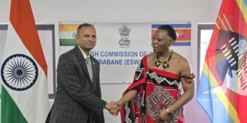 Minister of Natural Resources and Energy Prince Lonkhokhela shaking hands with High Commisioner of India to Eswatini Shri M. Ram Prasad after the visit.