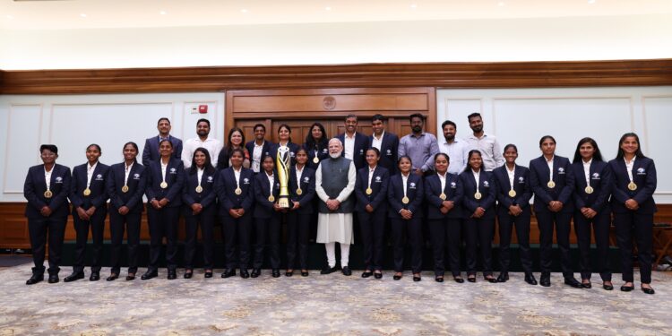 Prime Minister Narendra Modi meets the Indian Blind Women’s Cricket Team following their World Cup victory. Photo by X/@narendramodi.