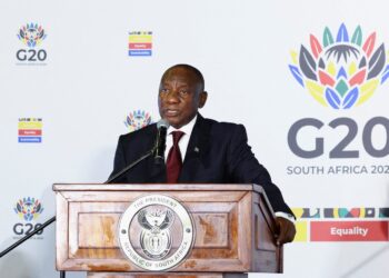 South Africa's President Cyril Ramaphosa speaks to members of the media on the sidelines of the meeting of the G20 foreign ministers, which is hosted by South Africa under the theme "Solidarity, Equality and Sustainability", at the NASREC conference centre in Johannesburg, South Africa, February 20, 2025. REUTERS/Siphiwe Sibeko