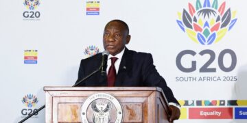 South Africa's President Cyril Ramaphosa speaks to members of the media on the sidelines of the meeting of the G20 foreign ministers, which is hosted by South Africa under the theme "Solidarity, Equality and Sustainability", at the NASREC conference centre in Johannesburg, South Africa, February 20, 2025. REUTERS/Siphiwe Sibeko