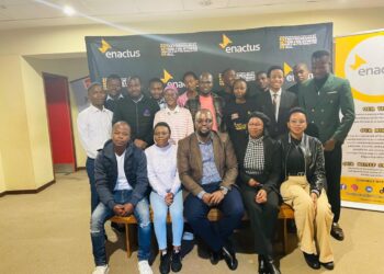 ENACTUS Country Director Sabelo Dlamini flanked by ENACTUS staff members with some alumni of the organization during an Alumni Meeting recently. Photo by ENACTUS Eswatini