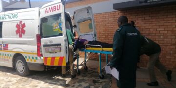 Convicted Pastor Bongi Phiri is loaded into an ambulance outside the High Court after his sudden collapse in the courtroom, following a five-year no-fine sentence for assaulting an 11-year-old girl. Photo by Sithembiso Sihlongonyane