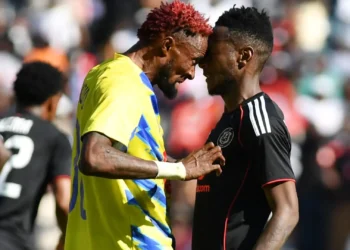 Dieumerci Mukoko Amale attempts to headbutt Orlando Pirates player Masindi Nemtajela during their CAF Champions League match in October 2025. Photo credit: Backpage