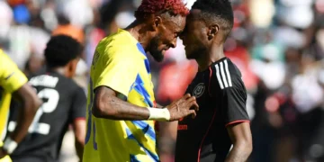 Dieumerci Mukoko Amale attempts to headbutt Orlando Pirates player Masindi Nemtajela during their CAF Champions League match in October 2025. Photo credit: Backpage
