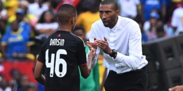 Abdeslam Ouaddou coach of Orlando Pirates with Cemran Dansin during the Betway Premiership 2025/26 match against Mamelodi Sundowns at Loftus Stadium in Pretoria on Saturday. Photo: Sydney Mahlangu/BackpagePix