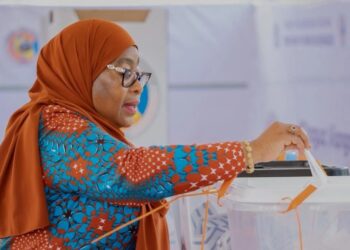 Tanzanian President Samia Suluhu Hassan casts her vote during the general elections at Chamwino polling station in Dodoma, Tanzania, Wednesday, Oct. 29, 2025. (AP Photo).