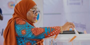 Tanzanian President Samia Suluhu Hassan casts her vote during the general elections at Chamwino polling station in Dodoma, Tanzania, Wednesday, Oct. 29, 2025. (AP Photo).