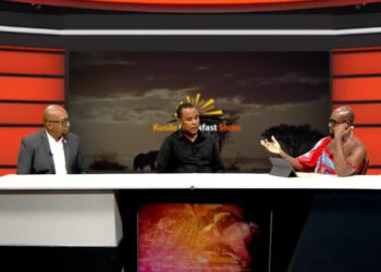 FNB Eswatini CEO Thokozani Dlamini and entrepreneur of the year winner Duncan Dlamini with the Kusile Breakfast Show host in studio. Photo credit screengrab from Eswatini TV video.