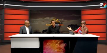 FNB Eswatini CEO Thokozani Dlamini and entrepreneur of the year winner Duncan Dlamini with the Kusile Breakfast Show host in studio. Photo credit screengrab from Eswatini TV video.