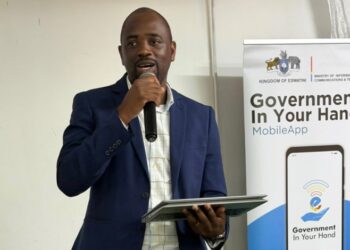 Mr. Bonga Ndlangamandla, e-Government Director at the Ministry of ICT, addresses students and guests at the IRDM College Job Fair in Mbabane.