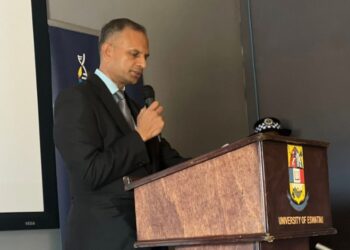 India’s High Commissioner to Eswatini Ram Prasad delivers his address during the launch of the Mission Shaktisat poster at the RSTI event. Photo by Ministry of Information, Communications and Technology.