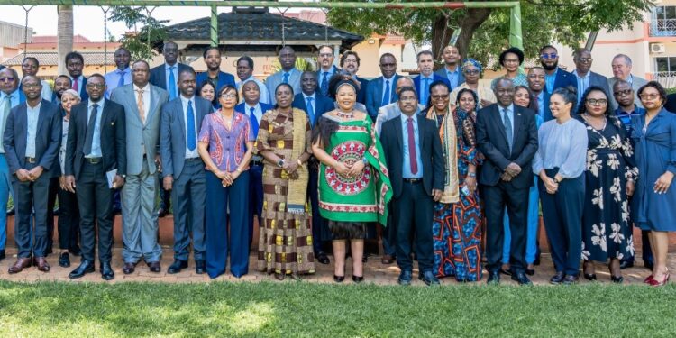 Senator Pholile Dlamini Shakantu poses with delegates at the 13th African Union Humanitarian Symposium in Mbabane. Photo by Ministry of Foreign Affairs and International Cooperation.