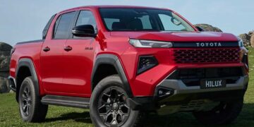 Front view of the new Toyota Hilux showing its sharper grille and aggressive headlight. Image: Toyota Australia