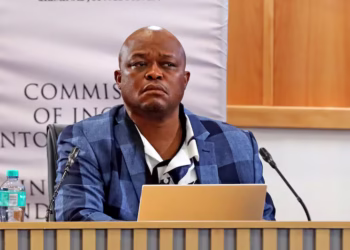 Brown Mogotsi, the alleged middleman between suspended police minister Senzo Mchunu and Vusimuzi "Cat" Matlala, at the Madlanga commission in Pretoria. (Thapelo Morebudi)